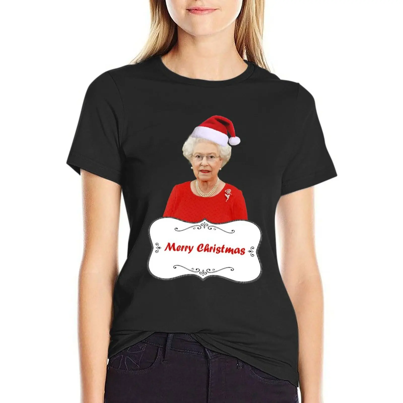 Queen Eizabeth II Merry Christmas T-Shirt lady clothes Short sleeve tee plus size tops vintage clothes tshirts for Women