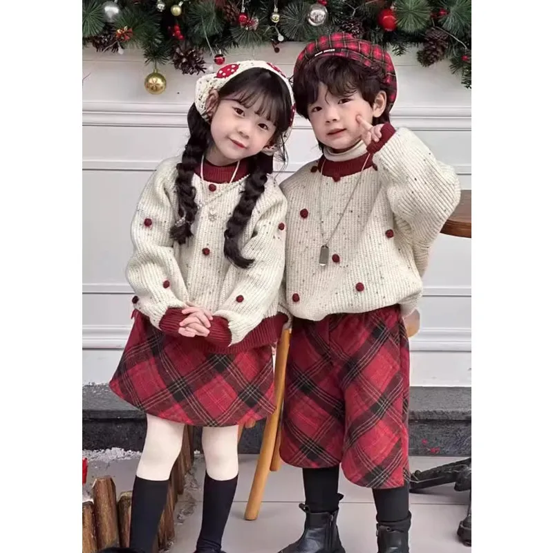 Brother Sister Christmas Outfit Boys and Girls Matching Sets Baby Twin Clothes New Year Children Sweater Kids Knitted Jumper Top