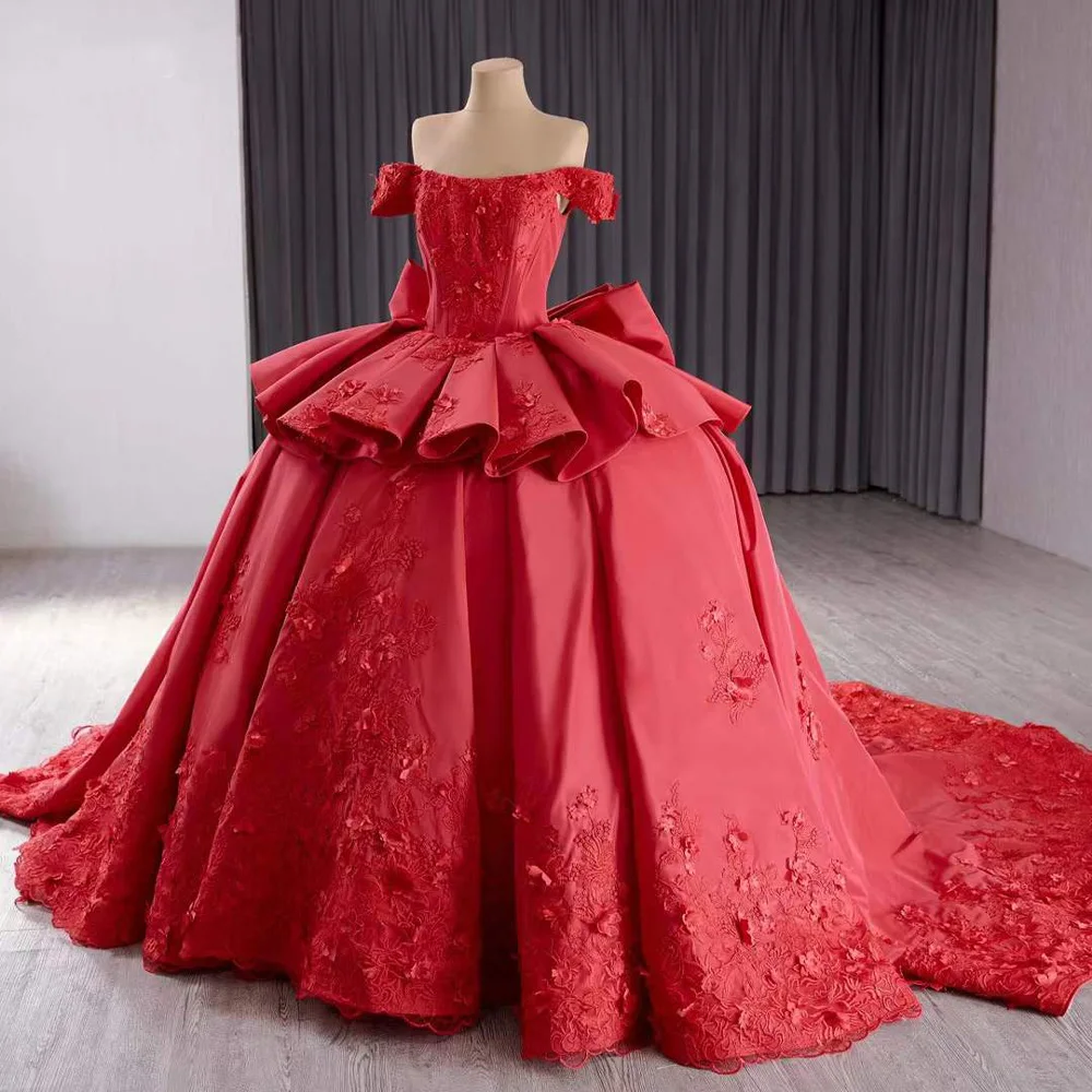 Vestidos Para Quinceañeras Luxury Off Shoulder Strapless Lace Up Back Red Flower Bow Long Evening Dress