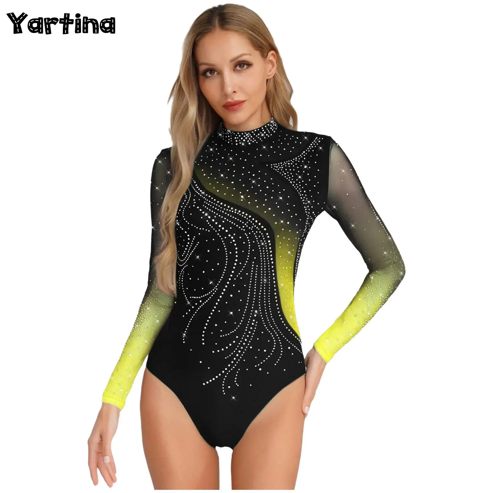 

Womens Rhythmic Gymnastics Ballet Tights Jersey Artistic Figure Skating Leotard Costume Rhinestone Long Sleeve Splice Bodysuit