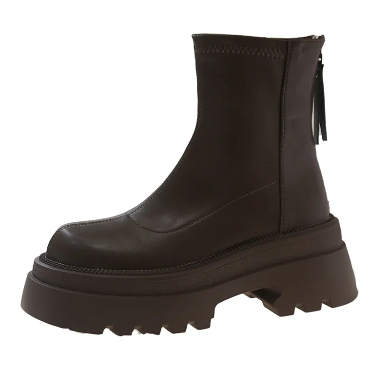 Bottes Courtes à Talon Plateforme pour Femme, Chaussures de Rinçage à Fermeture Éclair Arrière, à la Mode, Nouvelle Collection Automne Hiver 2024