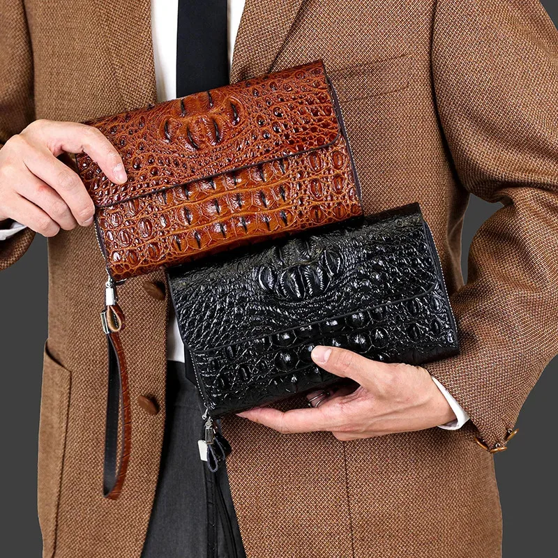 Business Animal Pattern Men's Clutch bag with Wrist Strap Large PU Leather Male Hold bags Wallets Card Holder Purse