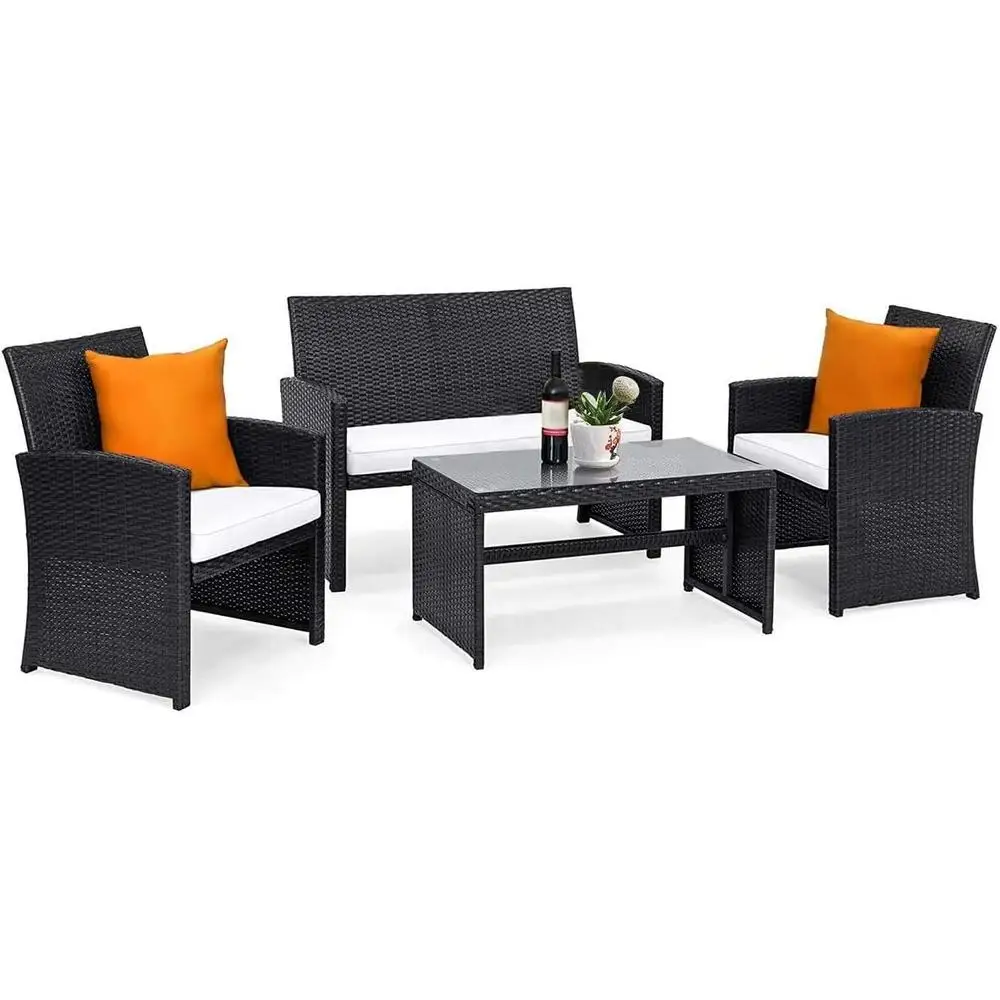 4-teiliges Rattan-Sofa-Set mit weichen Kissen, Tisch aus gehärtetem Glas, Terrassenmöbel, Garten-Lounge, modulares Design