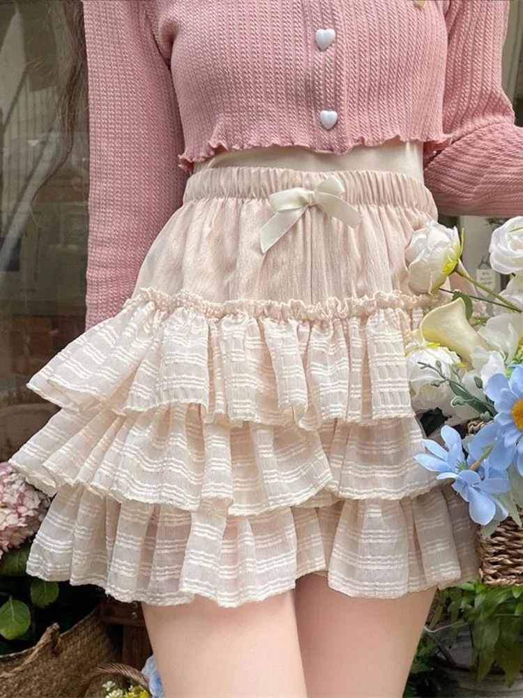 Pink Japanese Kawaii Two Piece Set Women Sweet Party Bow Cute Skirt Suit Female Elegant Long Sleeve Cardigan＋Mini Cake Skirt New