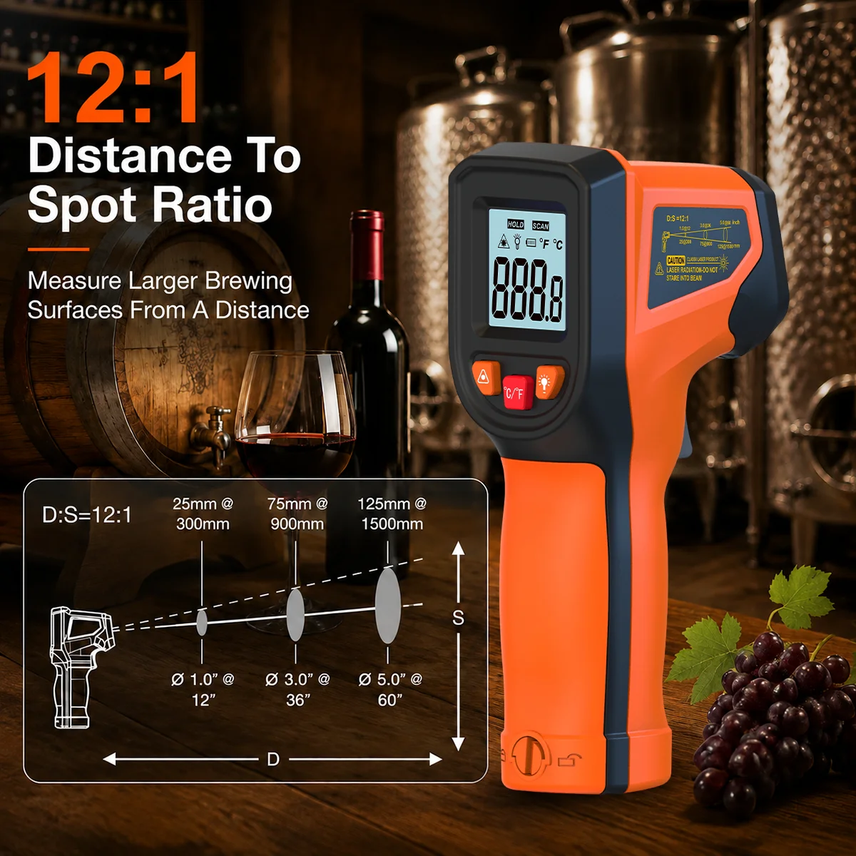 Infrared Thermometer for Wine Making Non Contact Temperature Gun for Fermentation Tank Brewing Equipment Surface Temp Monitoring