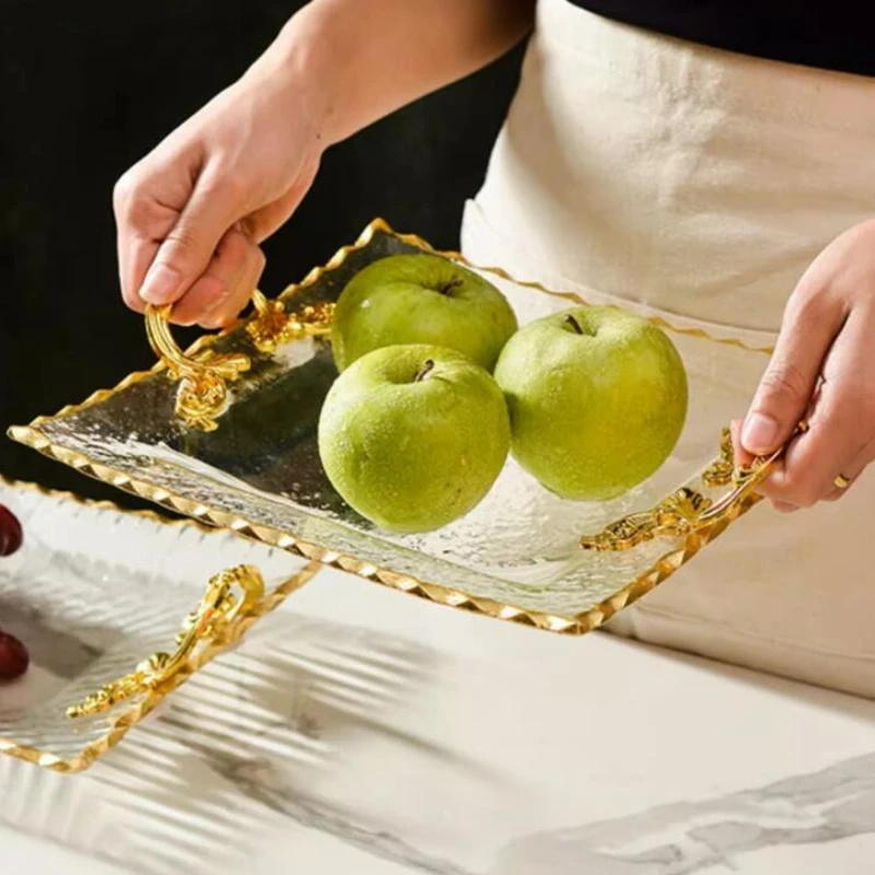 

Стеклянные тарелки в золотой оправе, роскошные тарелки с фруктами, закуски, торты, закуски, поднос для хлеба, бинауральные стеклянные тарелки, прямоугольные подносы