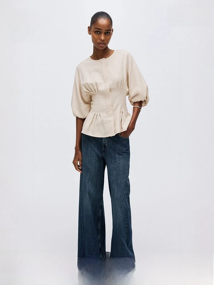 

Spring New Women's Waist-Cinching Top H&M Simple Sle Polyester Nylon Rayon ort Sve round Ne Button Closure irt