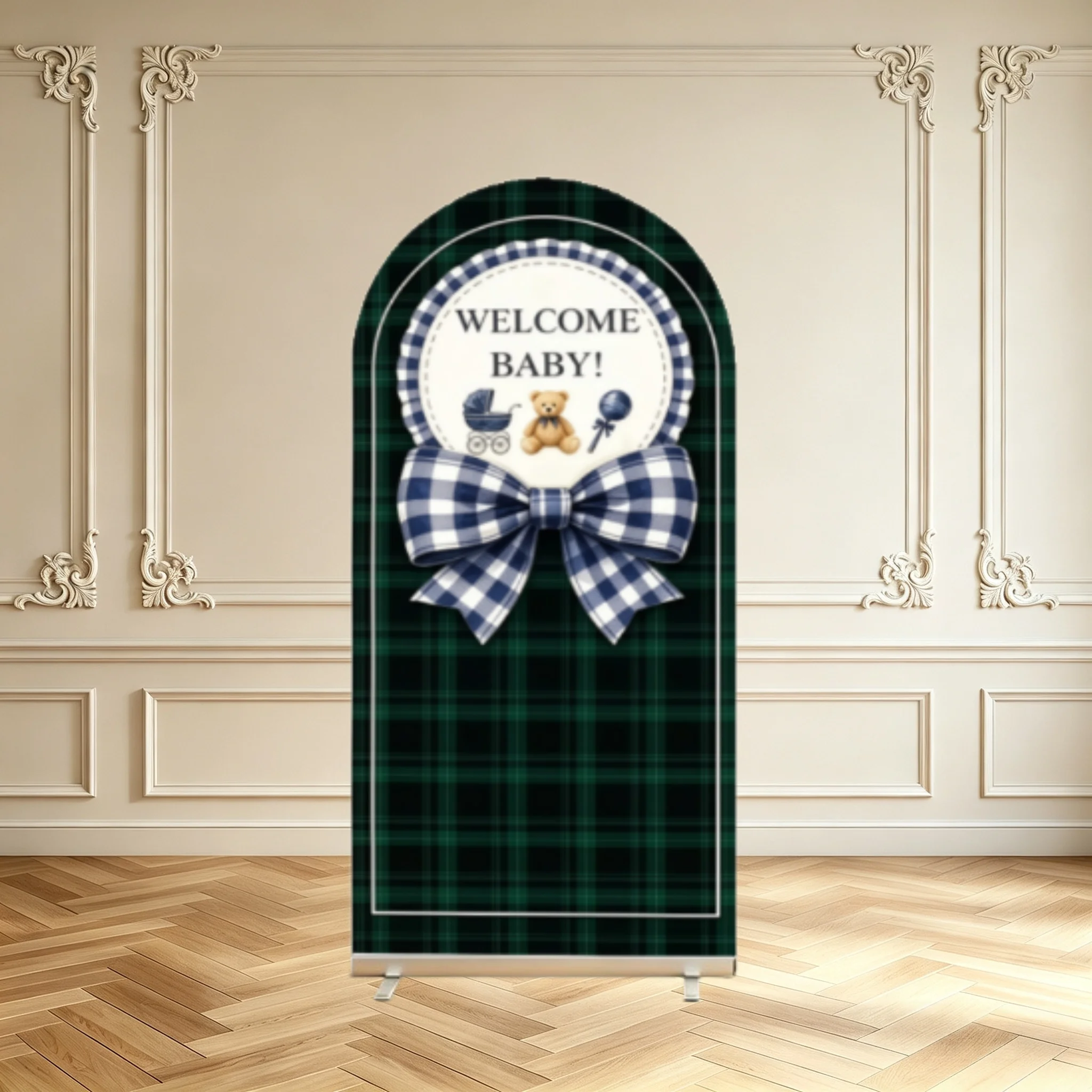 Welcome Baby Arch Backdrop Cover Dark Green Plaid Bow Teddy Bear Baby Carriage Boy Baby Shower Decor Double Sided Arch Covers
