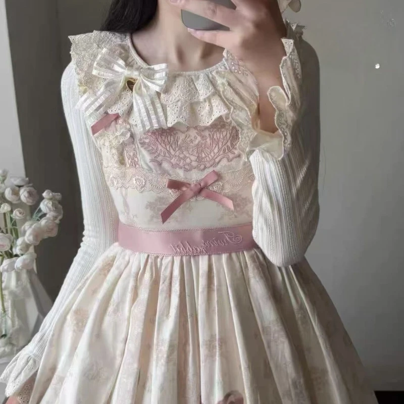 Autumn Winter Ruffles Lace Bow Sweater T-Shirts Women Japanese Kawaii Lolita Style Knited Tees Y2k Cute Slim Long Sleeves Tops
