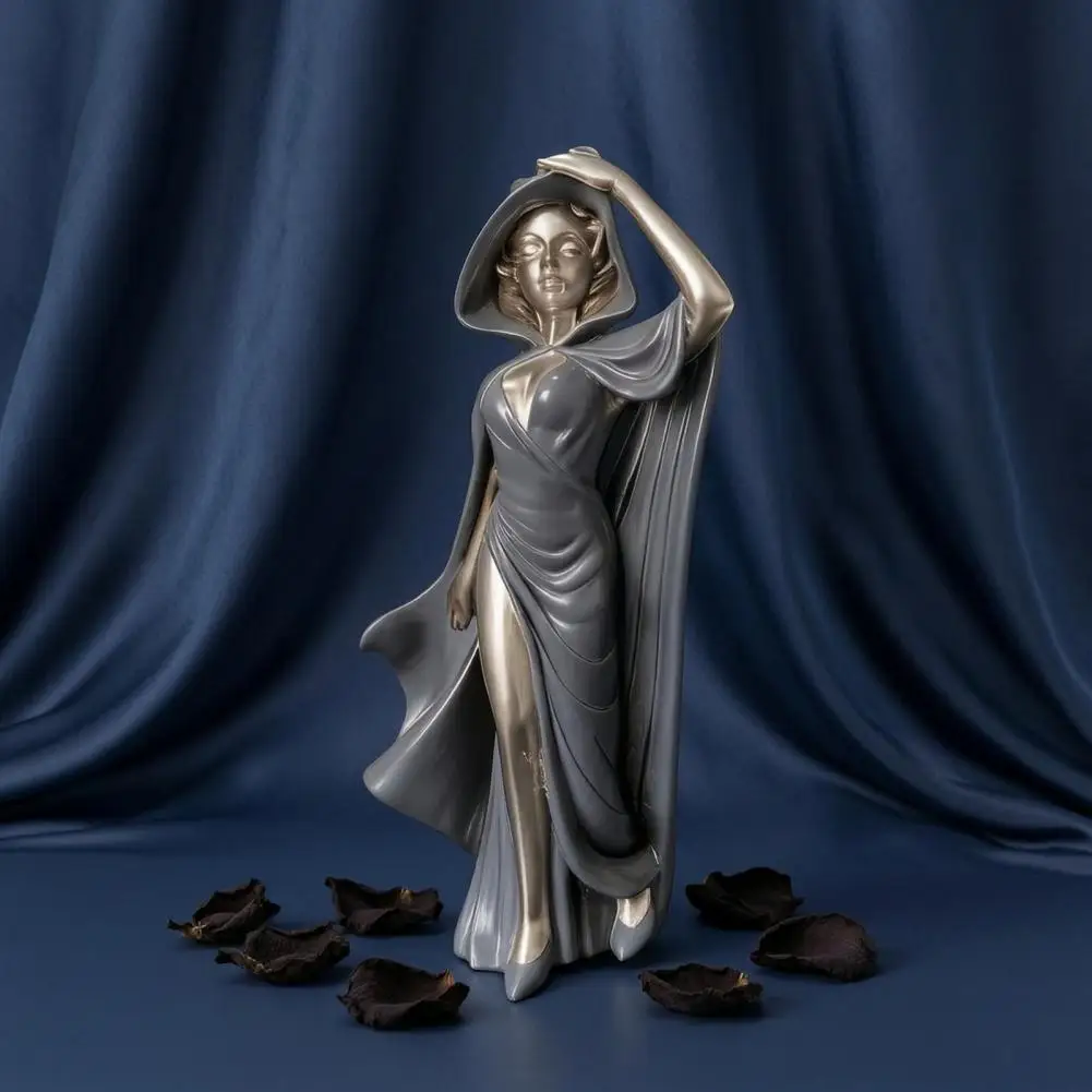Gilded Detail Art Piece Elegant Art Home Decor Mysterious Black Cloak Witch Queen Resin Statue Elegant Female for Entryway