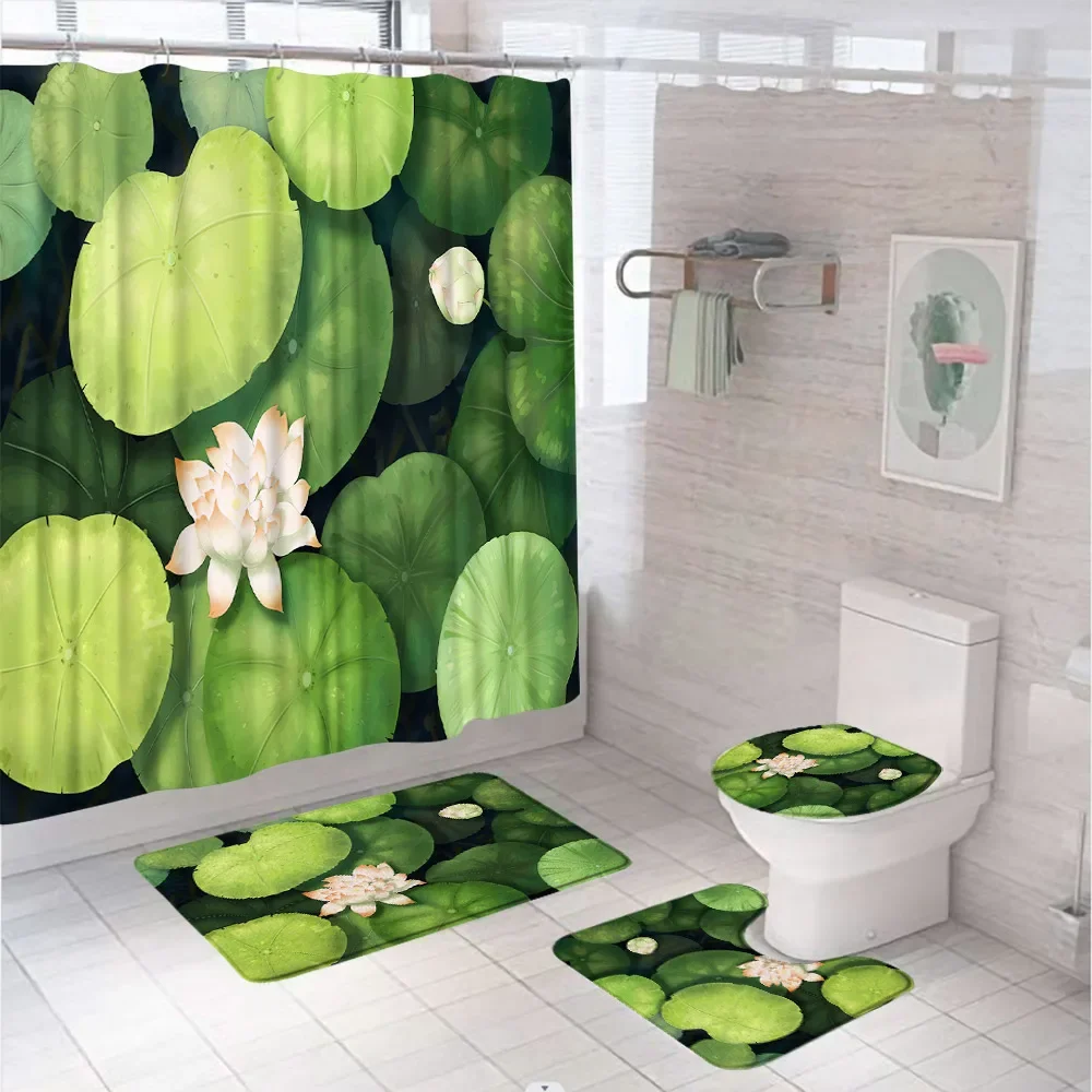 

Набор занавесок для душа с 3D листьями лотоса, элегантные розовые цветы, летний декоративный экран для ванной комнаты с ковриком для ванной, чехол для сиденья