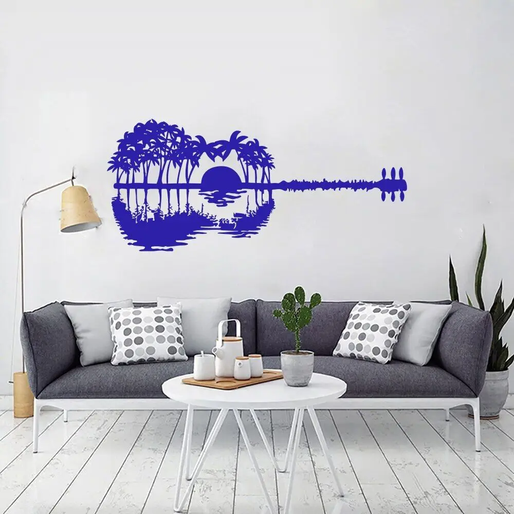 Vinyl Guitar Wall Sticker Abstract Painting Deep Forest Lake Wall Sticker Concert Art Decoration, Music Guitar Wall Decal GT10