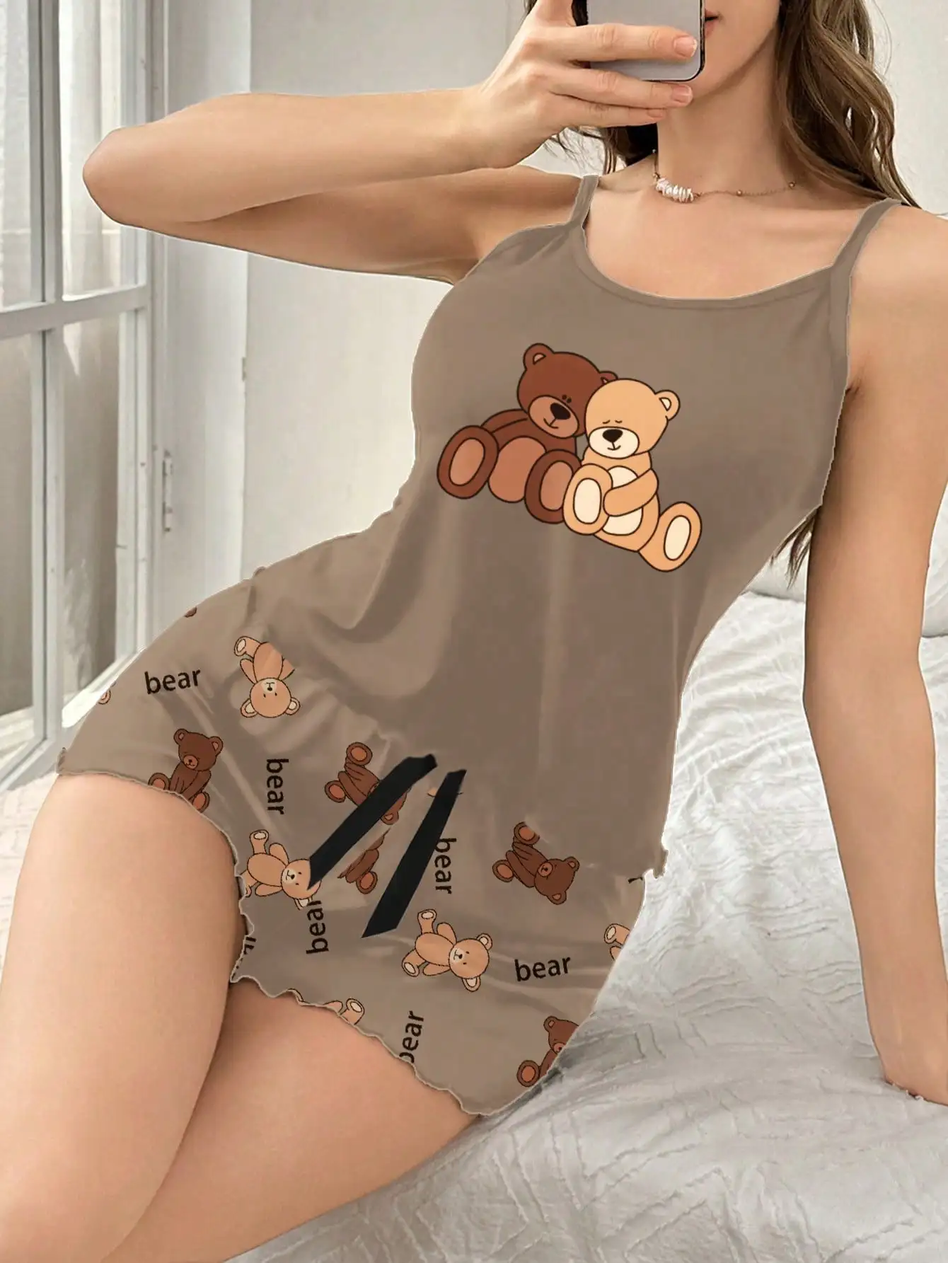 

Women's Bear Print Pajama Set with Ruffle Shorts and Spaghetti Straps, Cute Sleepwear for Summer