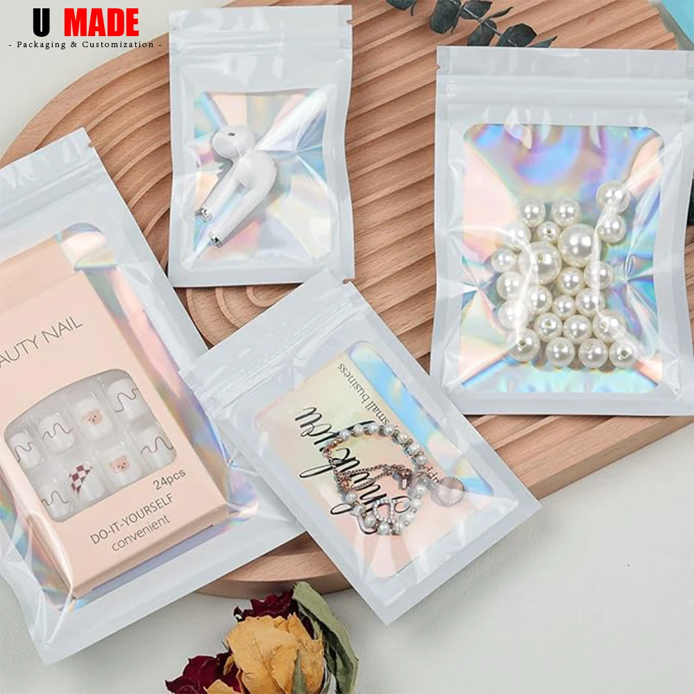 100pcs Custom Mylar Holographic Bags with Logo Personalized Foil Pouch Ziplock Packaging for Small Business Jewelry Food Storage