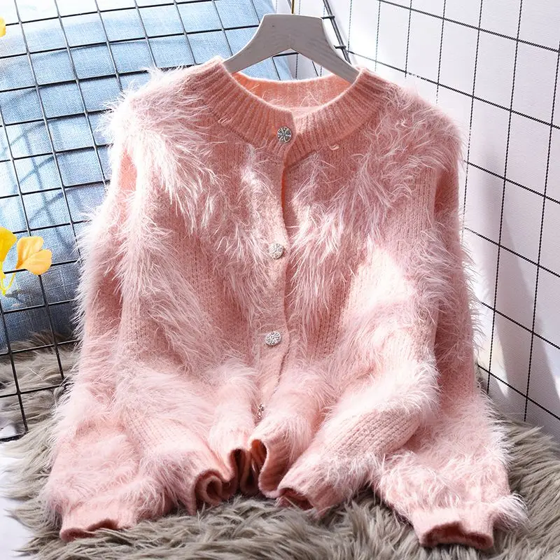 

Women 2023 Autumn Winter New O-neck Knit Jackets Female Imitation Mink Velvet Overcoats Ladies Loose Sweater Cardigan Coats S569