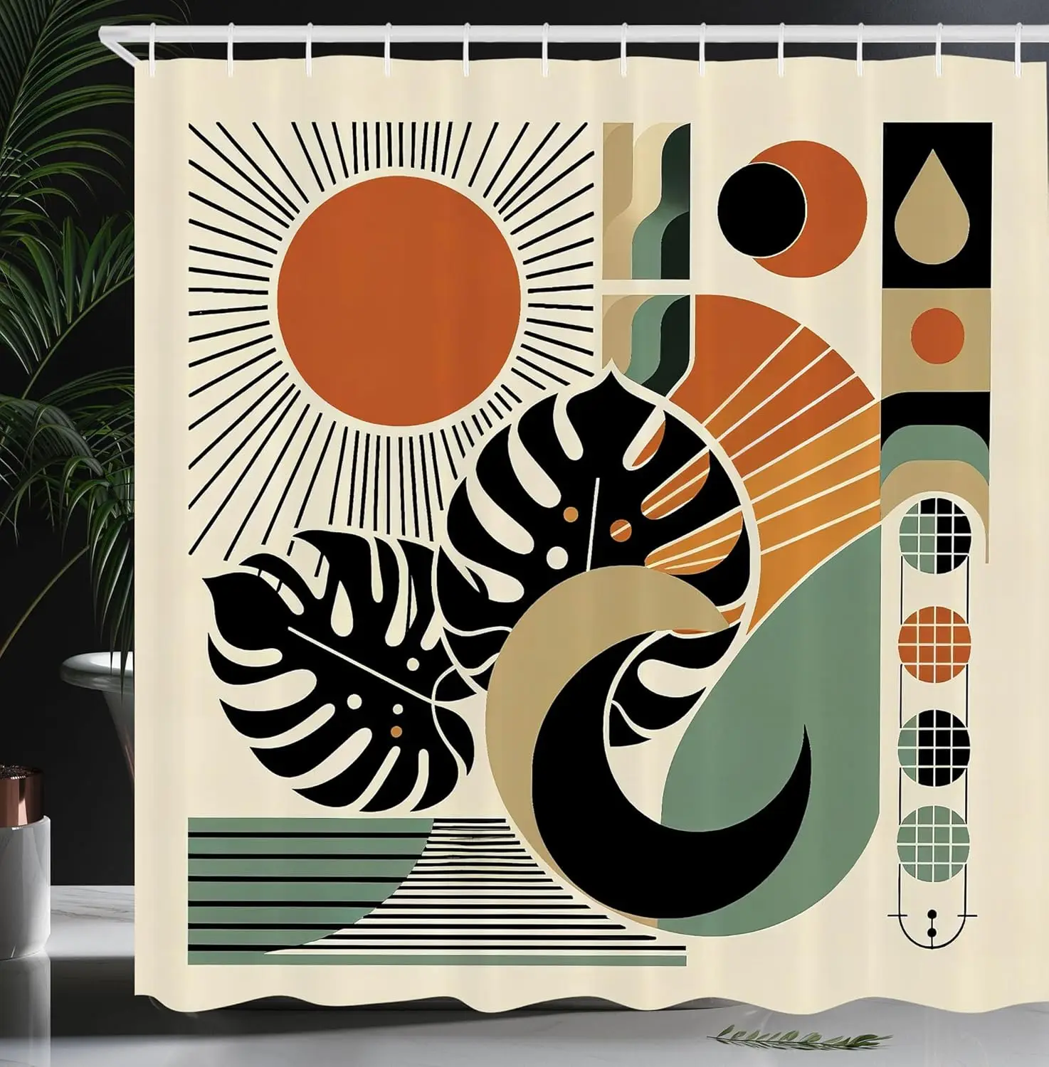 

Занавеска для душа Ambesonne Monstera, геометрические формы, символы солнца и природа, абстрактный стиль середины века в стиле бохо, тканевая ванная комната