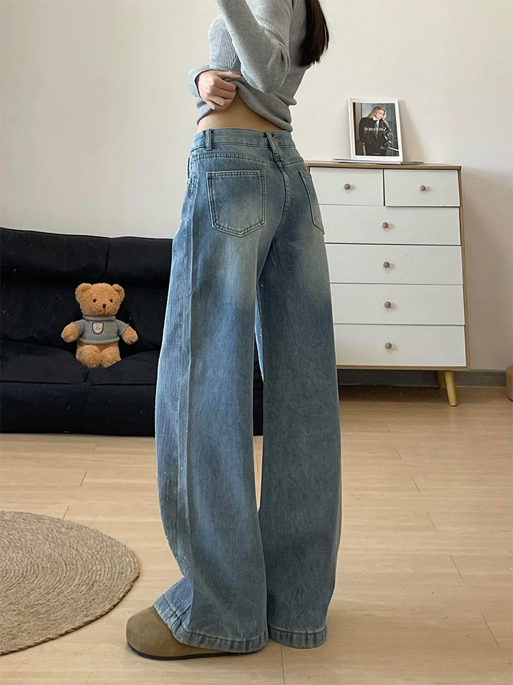 レトロな輝きのダイヤモンドストレートレッグジーンズ レディース 秋の新作 ハイウエストワイドレッグデニムパンツ 女性用通勤パンツ