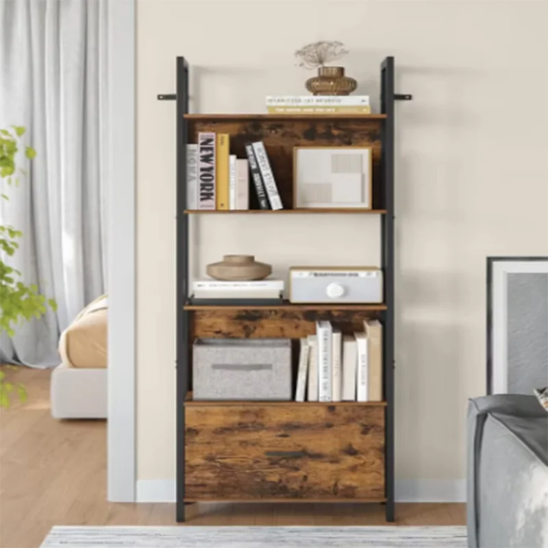 Estante Moderna de 5 Níveis com Painel de Madeira e Metal Industrial, Prateleiras de Exibição com Gavetas para Armazenamento na Sala de Estar