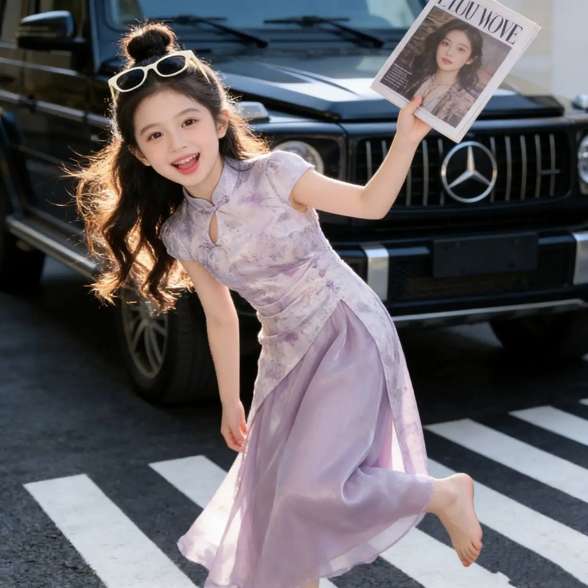 Kids Girls Modern Qipao Inspired Dress, Floral Print with Traditional Frog Buttons & Irregular Hem, Elegant Chinese Style Outfit