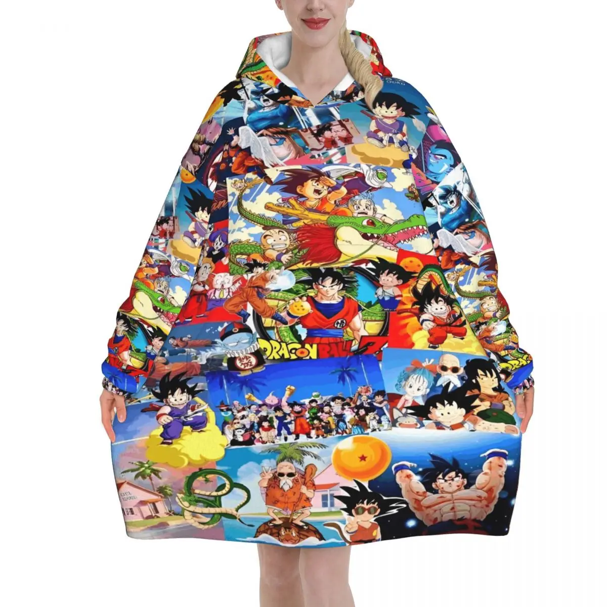 

Носимое одеяло в стиле аниме Dragon Ball, толстовка с капюшоном для женщин и мужчин, толстовка большого размера, одеяло с карманом
