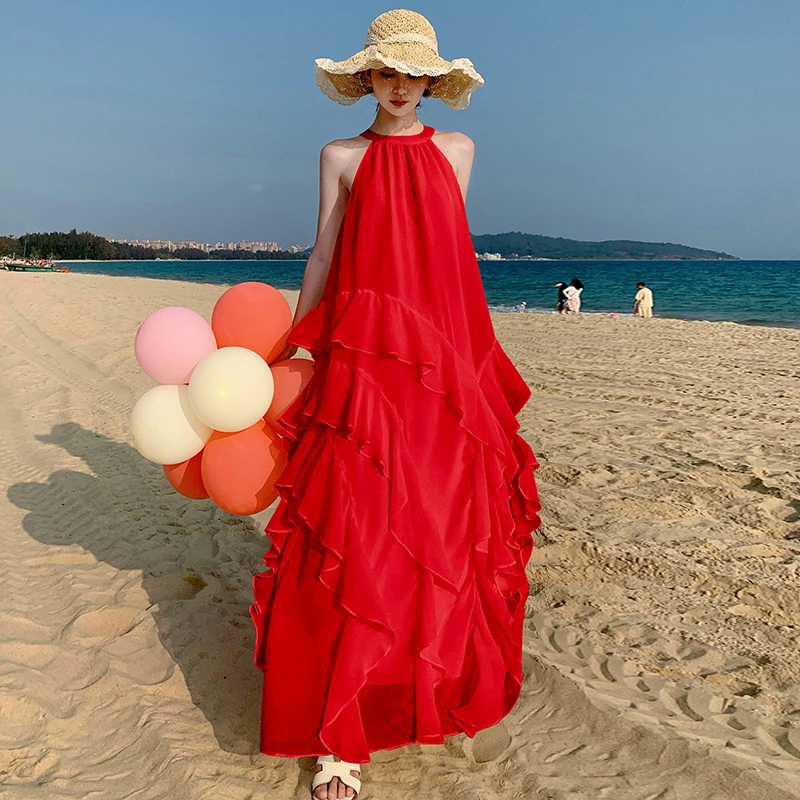 2024 New Summer Off Shoulder Halter Holiday Beach Loose Dress Chic Women Sleeveless Ruffles Chiffon Split Boho Cake Long Vestido