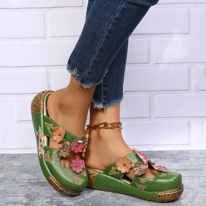 Summer Ethnic Style Flowers Sandals for Women Retro Platform Lightweight Slip-On Handmade Female Slippers Casual Comfort Walking