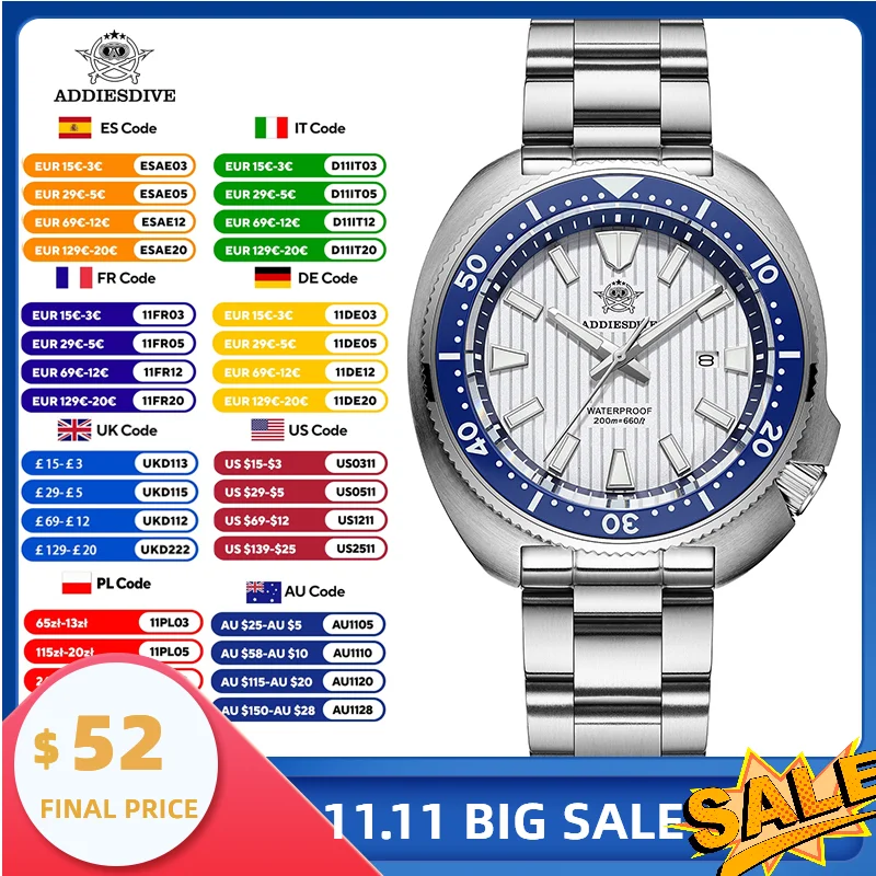 

ADDIESDIVE Japanese Quartz Diver Watch 200M Water Resistant Stainless Steel Sapphire Crystal BGW9 Lume Ceramic Bezel AD2507