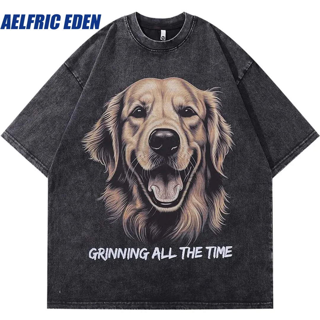 

Aelfric Eden Smile Golden Retriever Dog Graphic Print Punk Washed T-Shirt Vintage Tshirt Streetwear Hip Hop Harajuku Casual Tops