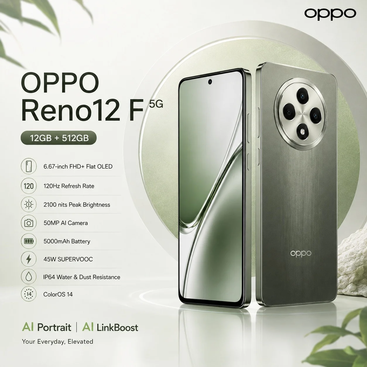 OPPO Reno12 F 5G AI Smartphone 12GB+512GB, 120Hz OLED Display, 50MP AI Triple Camera, Dimensity 6300, 45W SUPERVOOC, NFC