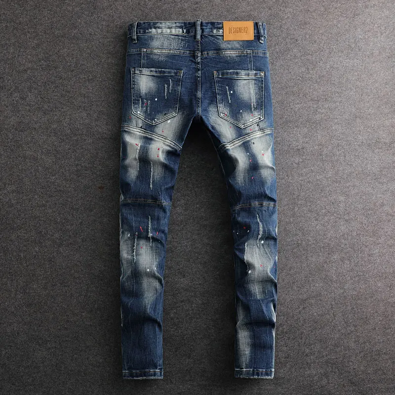 Street Fashion Designer Men Jeans Retro Blue Stretch Slim Fit Spliced Painted Ripped Jeans Men Y2K Hip Hop Vintage Denim Pants