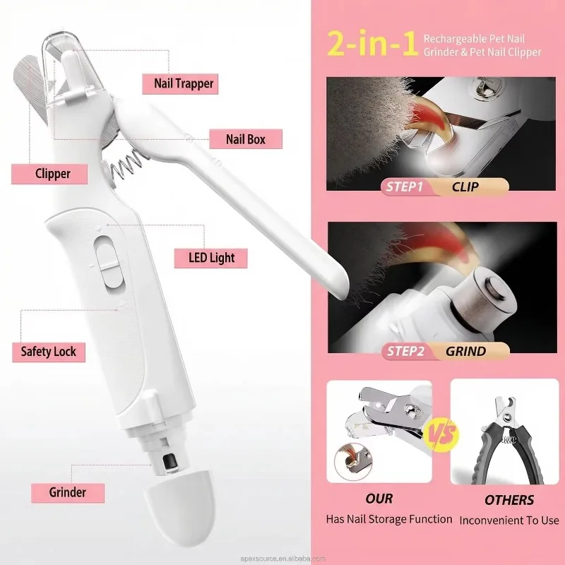 nail supplies 2-in-1 Dog Nail Grinder Clippers Trimmers ABS Material Low Noise Quick Sensor Safety Guard USB Rechargeable 2 LED