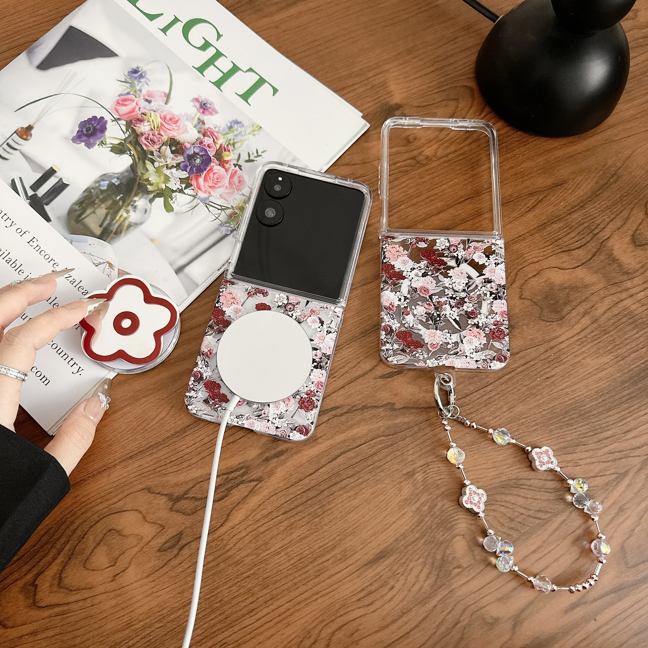 

Luxury Unique Cute Flower Holder Diamond Pearl Strap Wrist Magnetic Phone Case Cover For Xiaomi Mix Flip