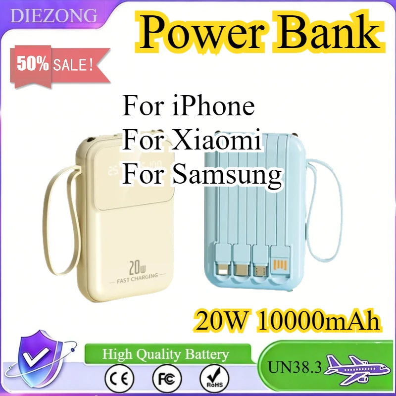 

Портативный внешний аккумулятор 20 Вт, 10000 мАч, быстрая зарядка для iPhone, Xiaomi, Samsung с USB Type C/Micro USB/Lightning