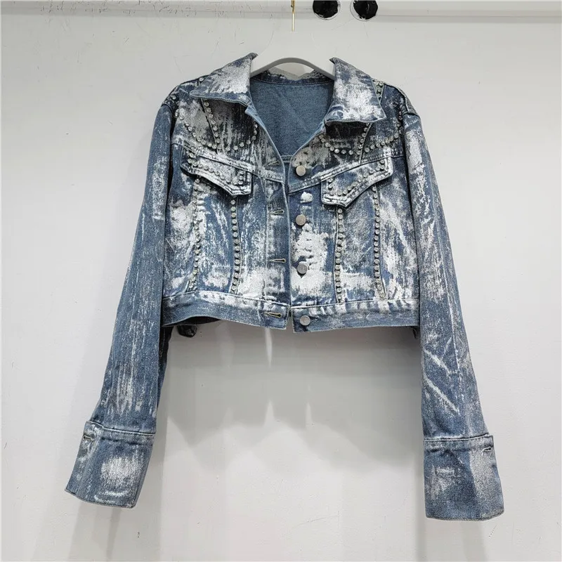 Hand-painted Graffiti Print Manual Diamond Short Blue Denim Jackets Autumn Streetwear Casual Lapel Long Sleeve Jeans Jacket Coat