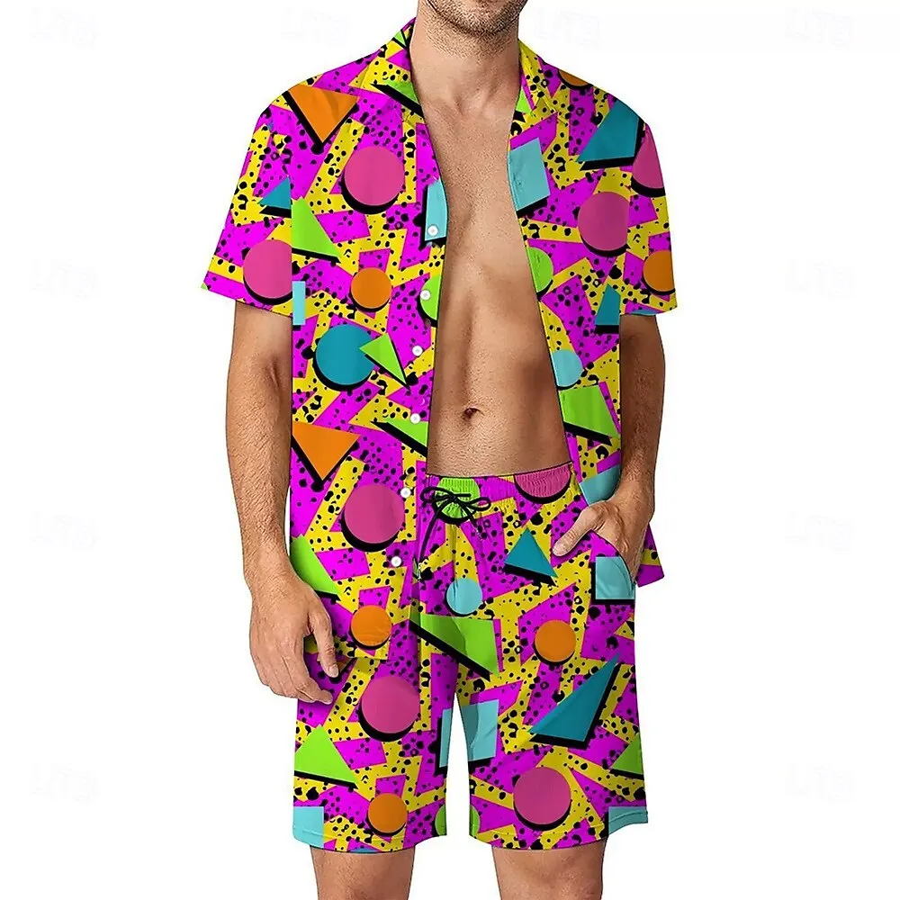Irregular geometric print men's shirt and shorts two-piece casual vacation men's shirt set short-sleeved button-down shirt