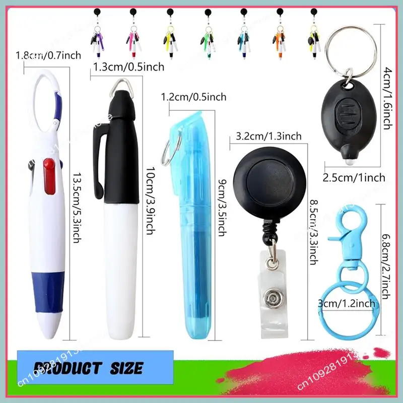 N94R 8Pack Badge Reel Pen Retractable Shuttle-Pen With Mini Marker Pen Flashlight Key Ring Retractable Badge Holde