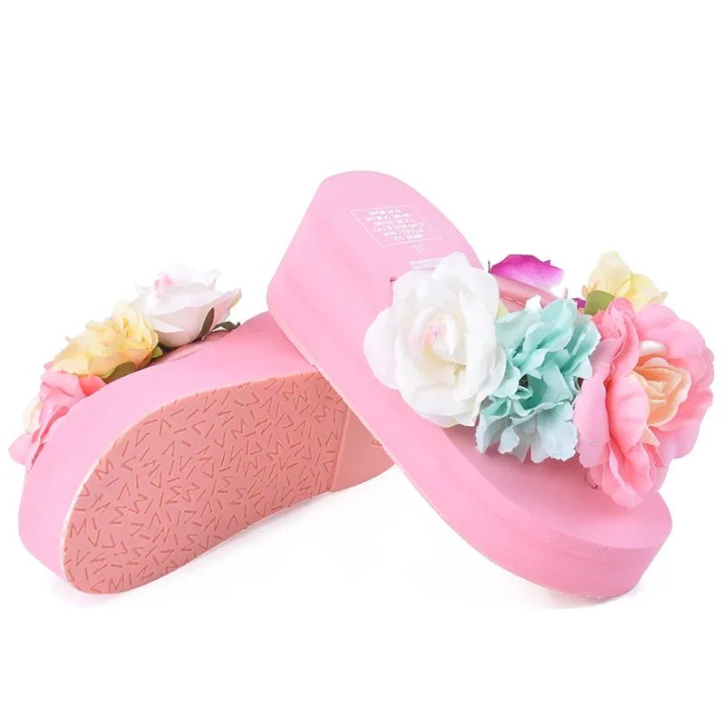 6cm High Heel Women\'s Summer New Beach Handmade Flip-flops Muffin Thick Bottom Flower Sandals Increase Wild Women\'s Slippers