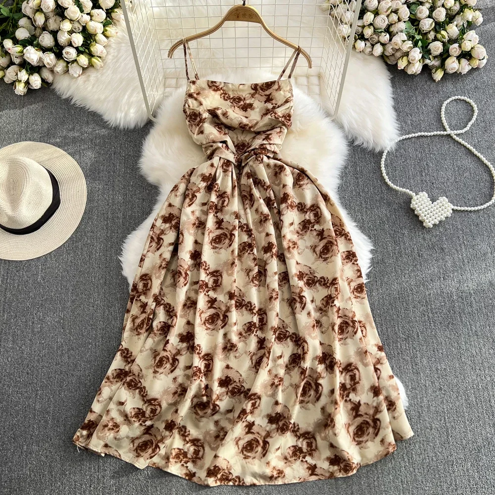 2024 New Summer Romantic Floral Print Long Dress Vintage Rose Print High Waist Spaghetti Strap Summer Dress Lady Beach Sundress