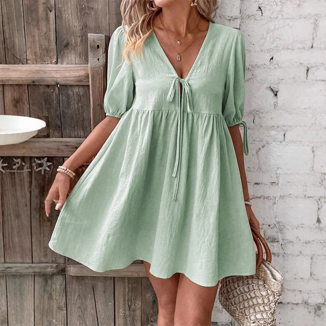 2025 Summer Women's Casual Mini Dress Fashion Elegant Comfort Lace-up V-neck Solid Color Vestidos Loose A-Line Vacation Dresses