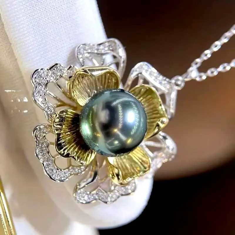 مذهل AAAAA +++ 9-10mm قلادة تاهيتي مستديرة من اللؤلؤ الأسود والأخضر 925s-