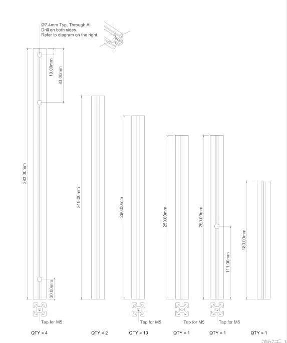 1Set PreTapped Annex K3 Printer Black  Anodized  Extrusion Frame  Misumi  Size  Extrusion For DIY Gasherbrum (K3) Printer