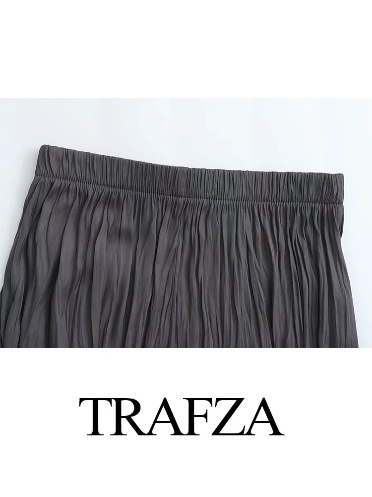 TRAFZA 2024 Summer Elegant Long Skirts Women\'s Trendy Solid Color Folds Elastic Waist Female New Fashion Casual Loose Skirts