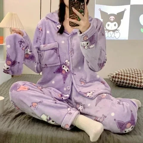 

Kitty Y2K Sanrioed Cartoon Kuromi Cinnamoroll Plush Pajamas Suit Aautumn Winter Coral Fleece Anime My Melody Homewear Nightwear