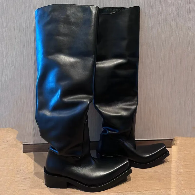 

NEW Chunky Platform Black Long Boots Women Autumn Leather Over The Knee Boots Woman Slip on Thick Bottom Motorcycle Shoes