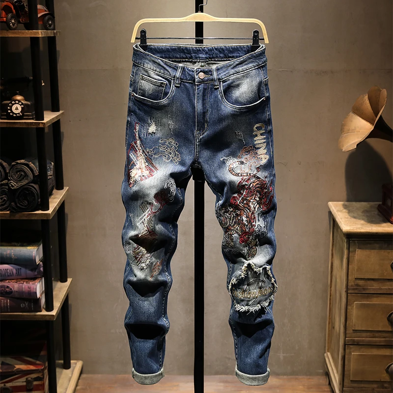2024 Spring New Chinese Style Embroidery Men's Jeans Slim Fit Ankle Tight Trousers Youth Street Trend Scratch Pants
