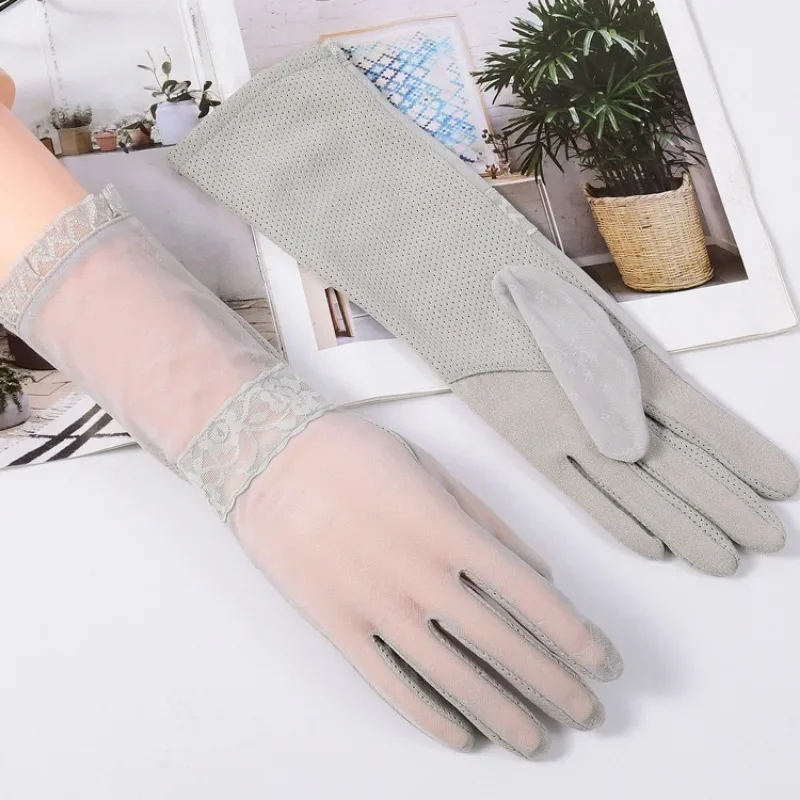 Солнцезащитные перчатки, противоскользящие кружевные перчатки из ледяного шелка, женские тонкие дизайнерские летние длинные перчатки с УФ-сенсорным экраном для вождения, версия средней длины