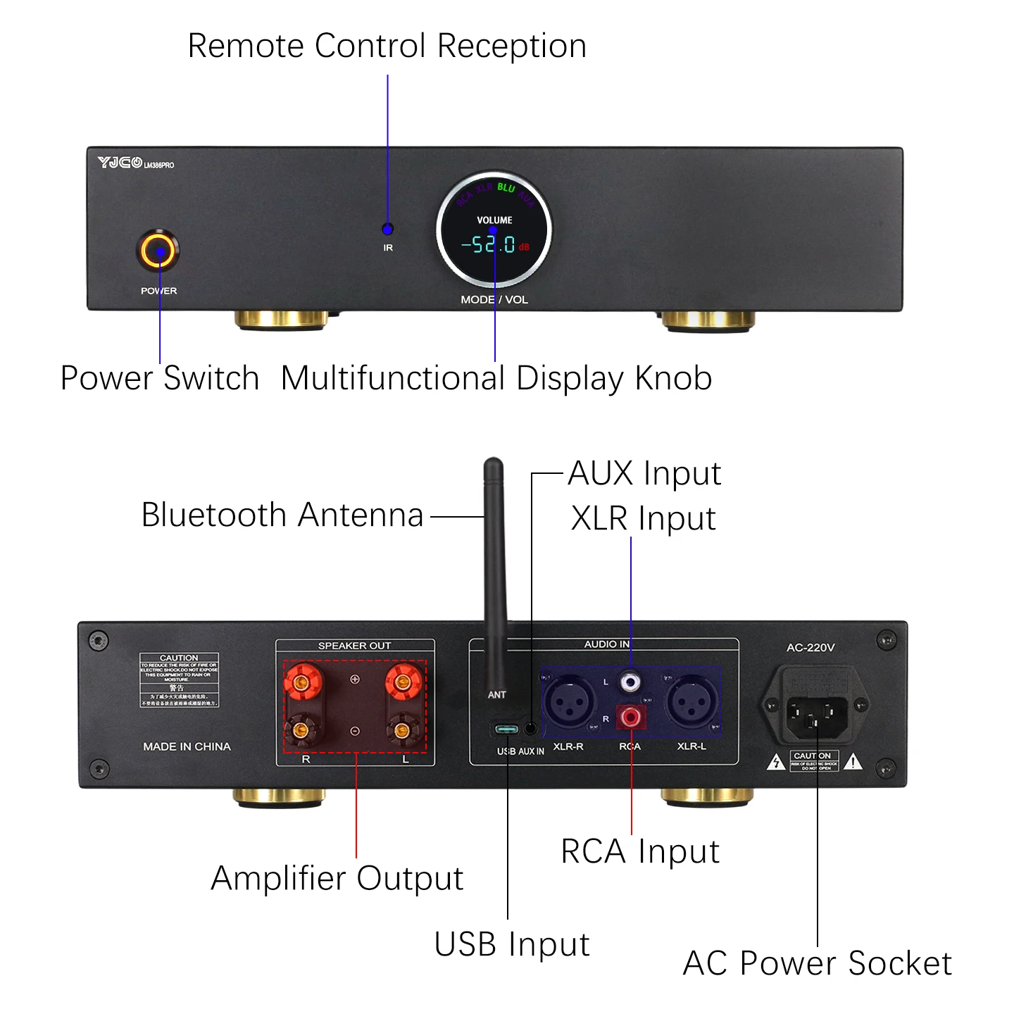 YJCO LM386 PRO HIFI Power Amplifier Class AB Bluetooth 5.4 LDAC 68W*2 Audio Amp with Remote Control Home Audio Stereo Power Amp
