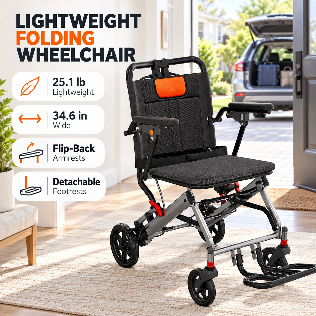 Lightweight Folding Transport Wheelchair for Adults 25 LB Aircraft Grade Aluminum Frame Wide Seat Flip Back Padded Armrests Swing Away Detachable Footrests Portable Travel Mobility Chair Gray Orange