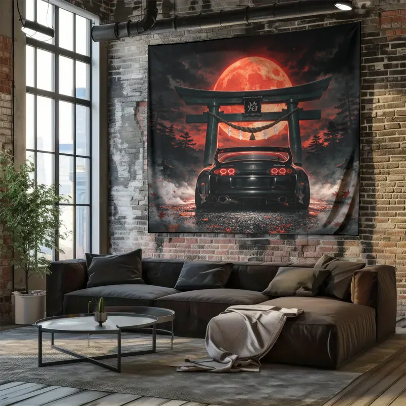 Japanese Torii Gate Moon Car Anime Supra JDM Wall Tapestry Curtain Window Decoration Art Print Home Decor view 5