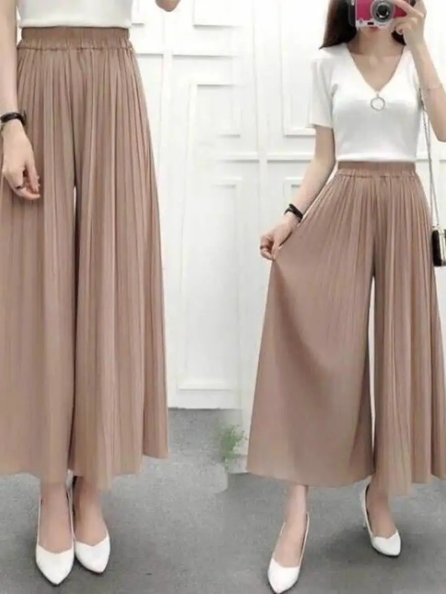 Versatile Chiffon Wide Leg Pants Women's Korean Style Nine Points Pleated Skirt Pants Spring Summer High Waist Loose plus Siz...